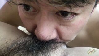 Short haired Asian milf rides her lovers big cock until he gives her a creampie